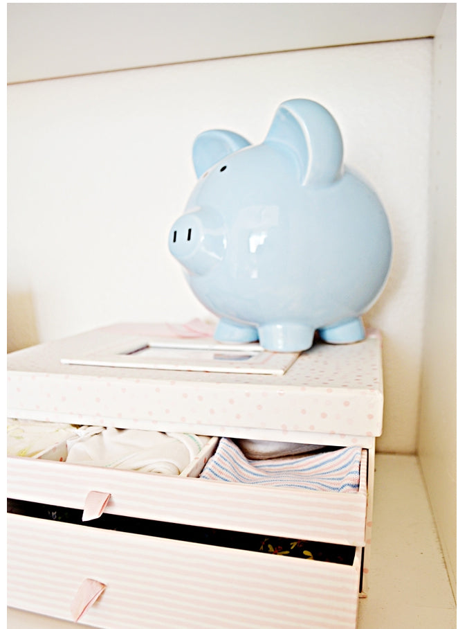 Pearhead Ceramic Piggy Bank - Gray with White Polka Dots