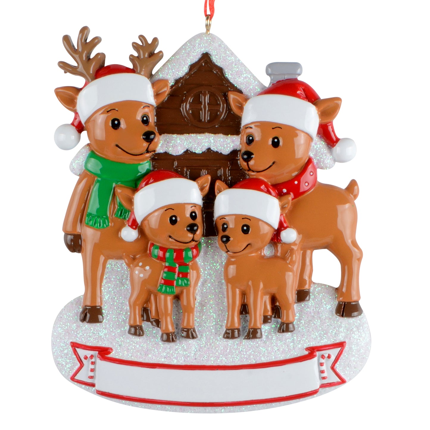 Holiday ornament featuring a family of four reindeer wearing Santa hats and scarves in front of a snow-covered cabin