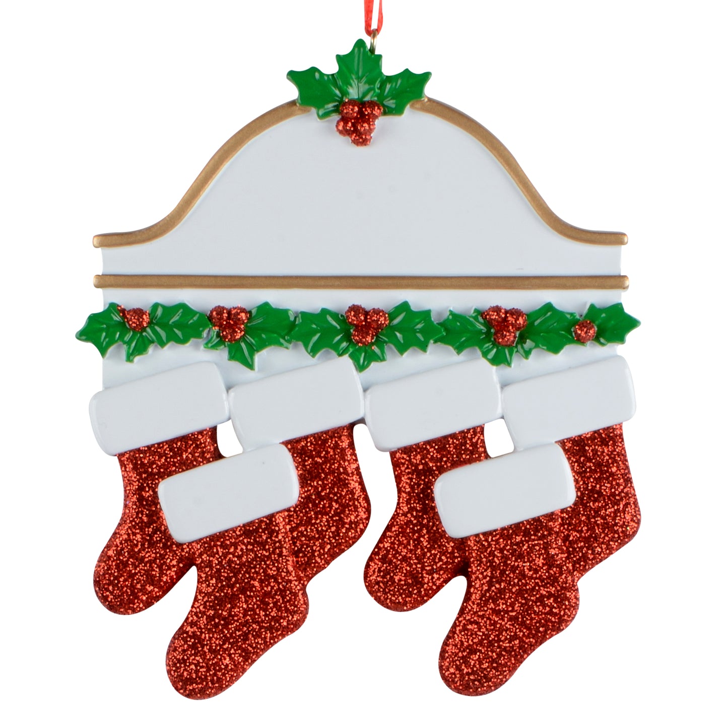 Handpainted holiday ornament featuring white mantel with gold trim, decorated with green holly leaves and red glitter berries with six red glitter stockings hanging from it