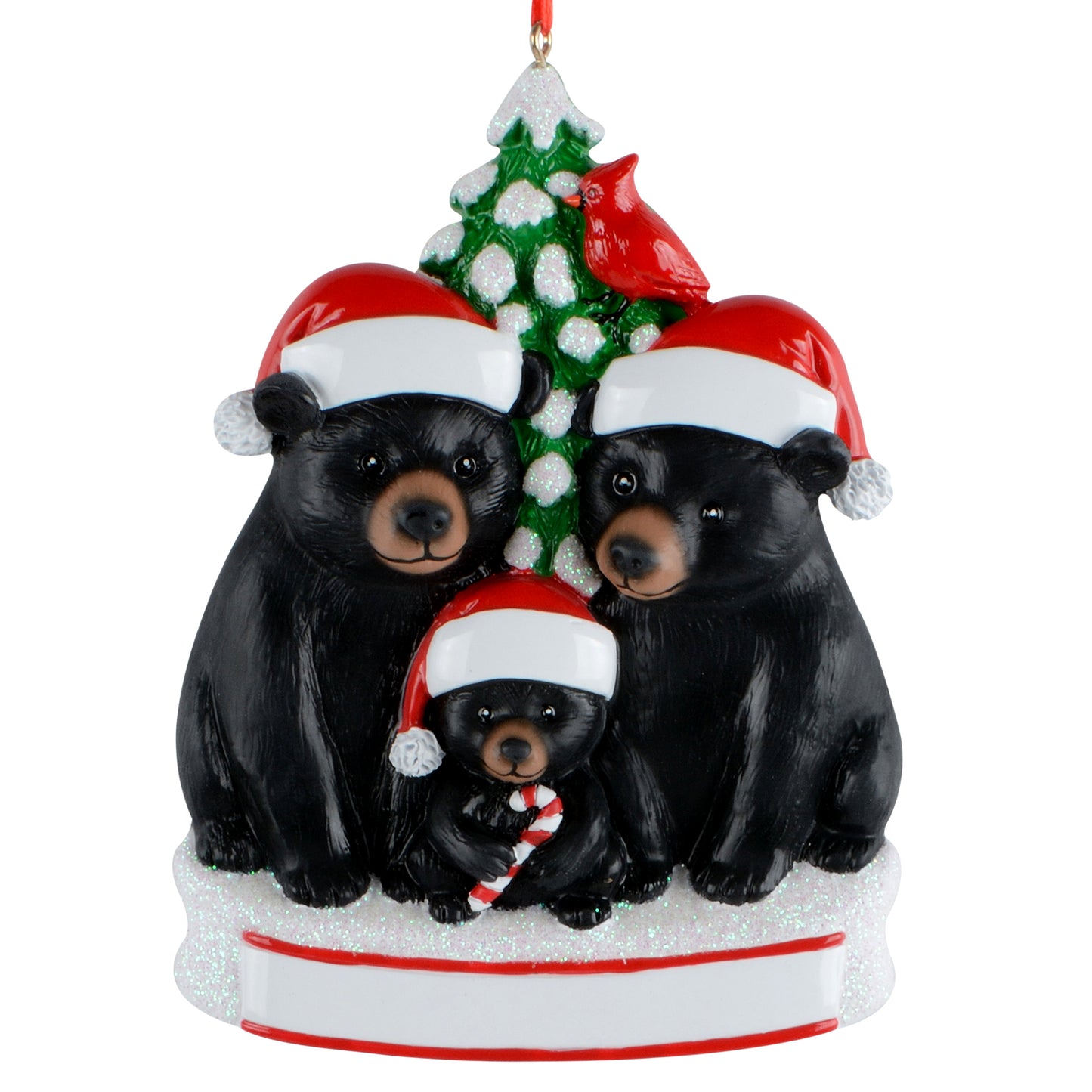 Handpainted holiday ornament of a black bear family of three with Santa hats, candy cane, and red cardinal on snowy pine tree