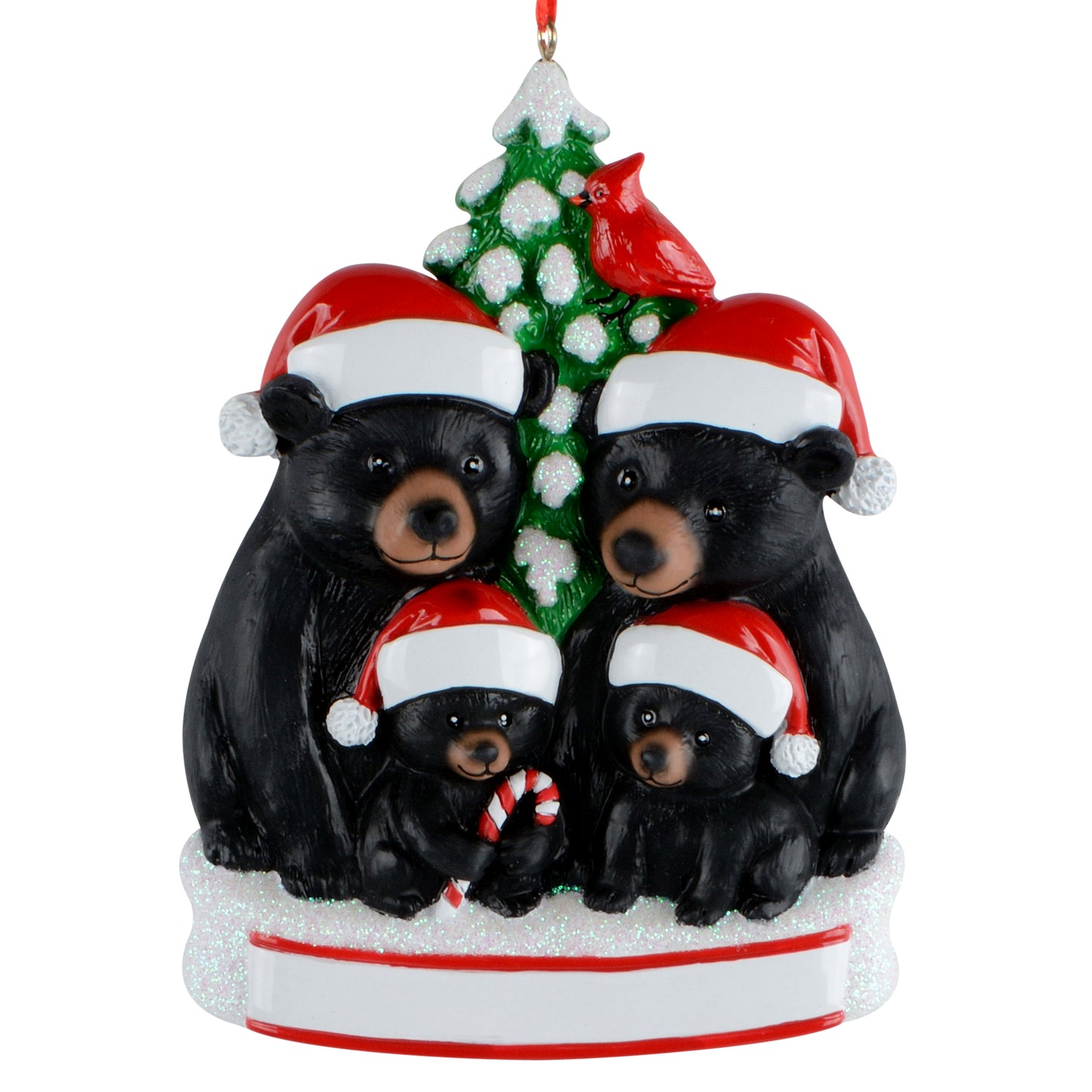 Handpainted black bear family of four Christmas ornament with Santa hats, candy cane, snowy base, snow-covered tree, and red cardinal