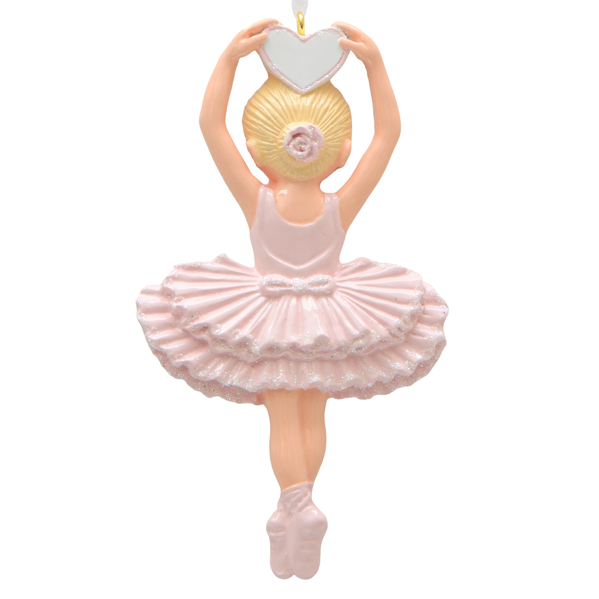 Hand-painted resin Prima Ballerina ornament, light skin with blonde hair in a bun, pink glitter tutu, holding a blank heart overhead