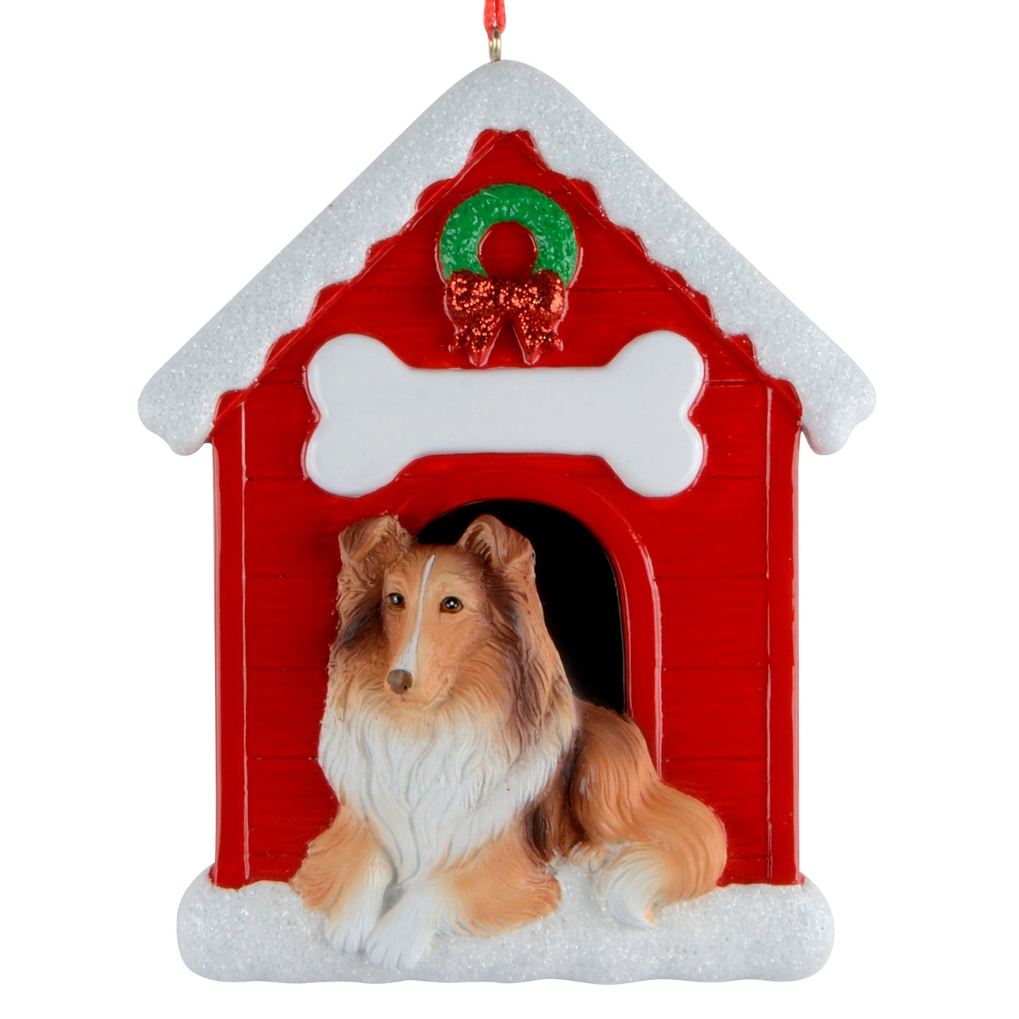 Hand-painted Collie doghouse Christmas ornament with red house and white bone decoration