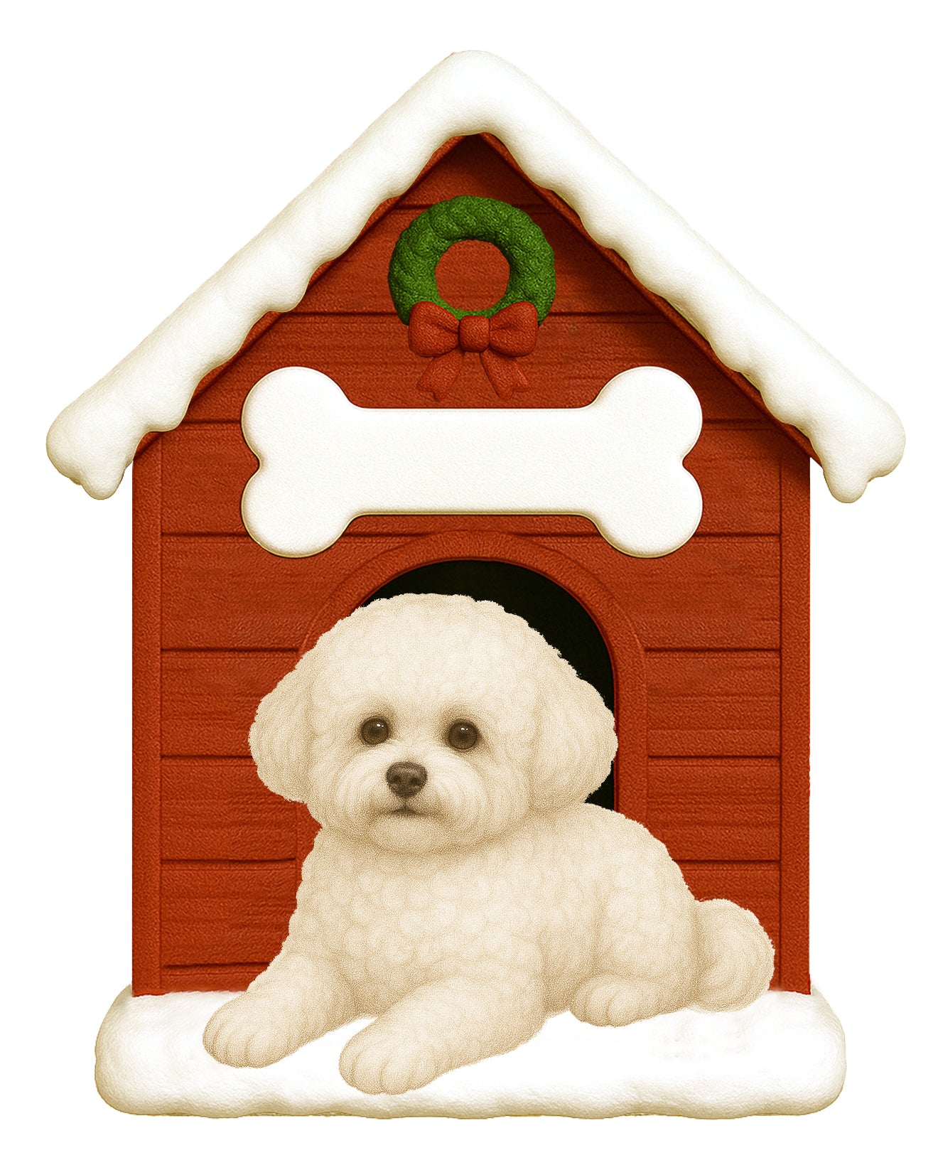 Handpainted Bichon Frise dog sitting outside a red doghouse with snow-covered roof and green wreath