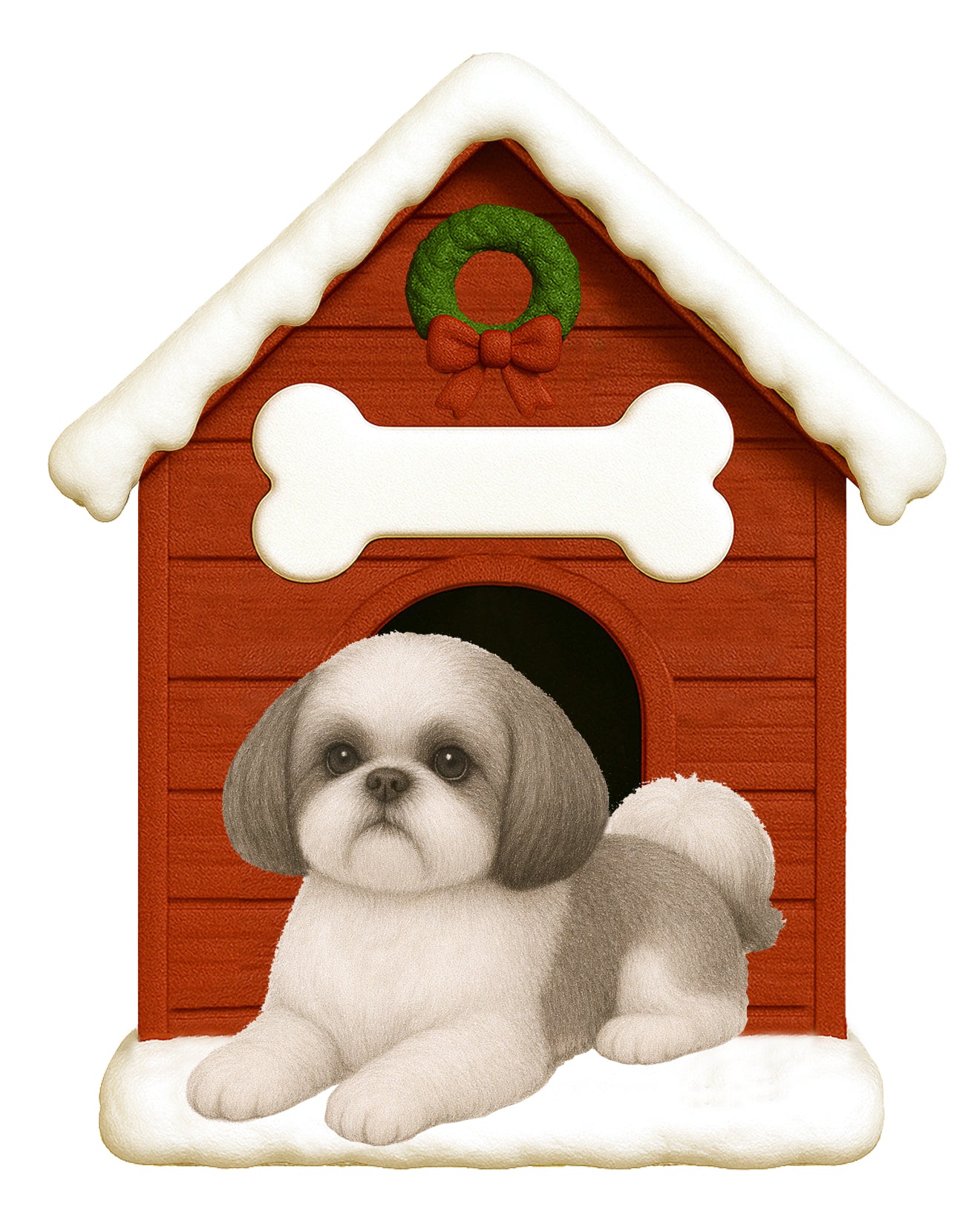 Handpainted Shih Tzu doghouse holiday ornament featuring a gray and white dog resting outside a red doghouse decorated with snow and a green wreath