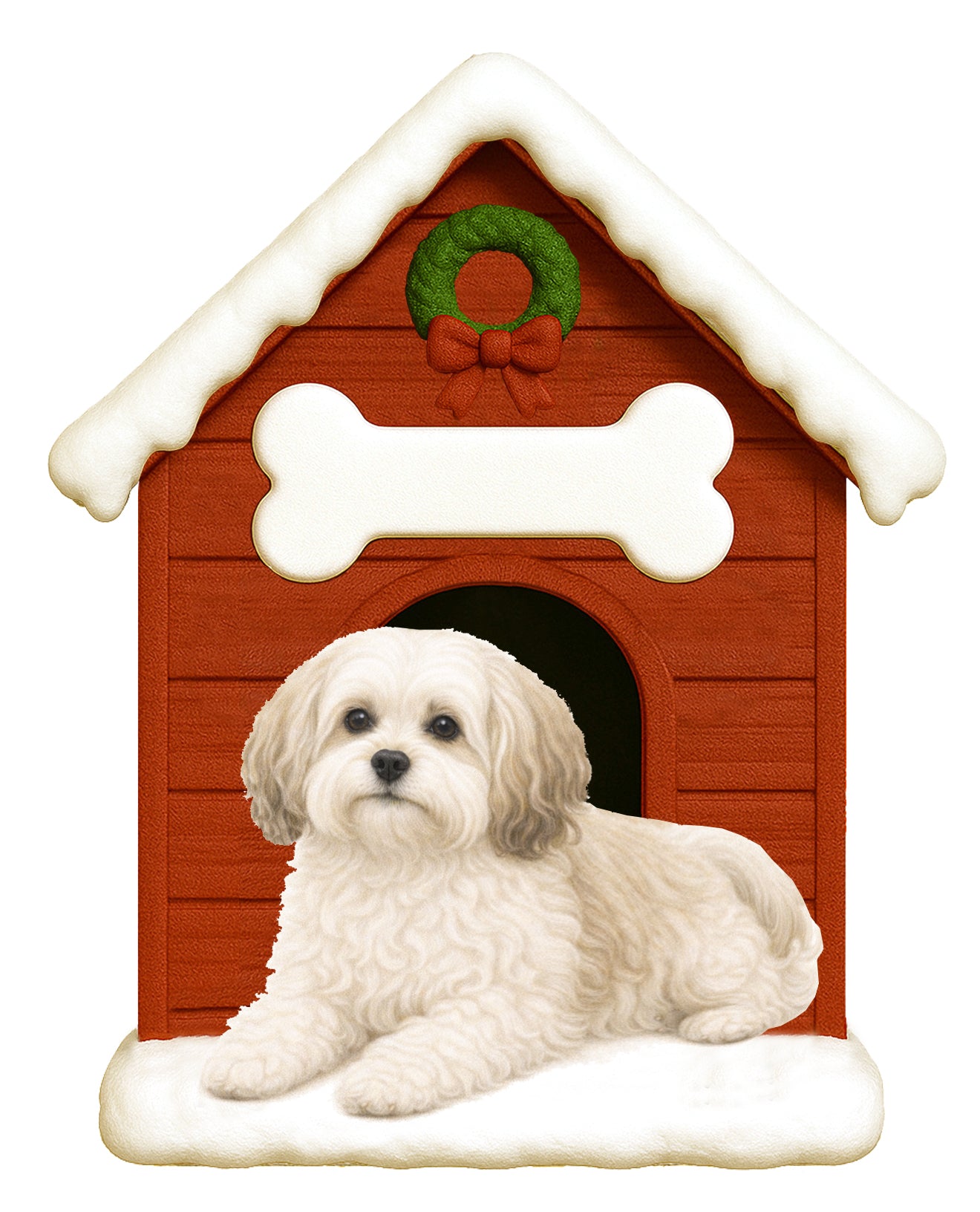 Handpainted Havanese dog resting in front of a red doghouse with snowy roof, white bone decoration, and a green wreath with red bow