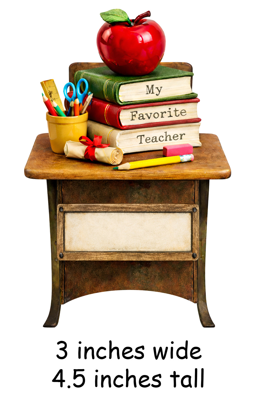 Handpainted holiday ornament of a vintage school desk with books labeled My Favorite Teacher, a red apple, pencil holder, diploma, pencil, and eraser