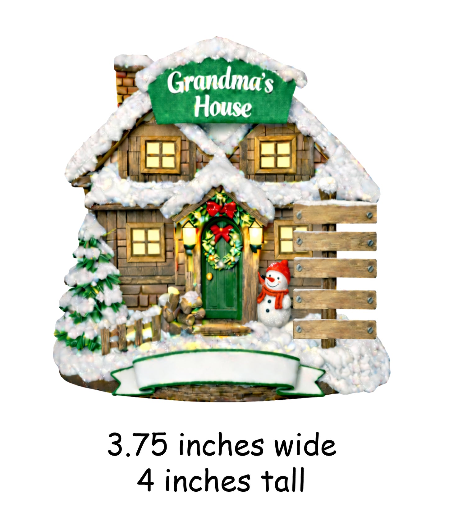 Handpainted grandma's house holiday ornament with snow-covered roof, green door wreath, snowman, and wooden fence