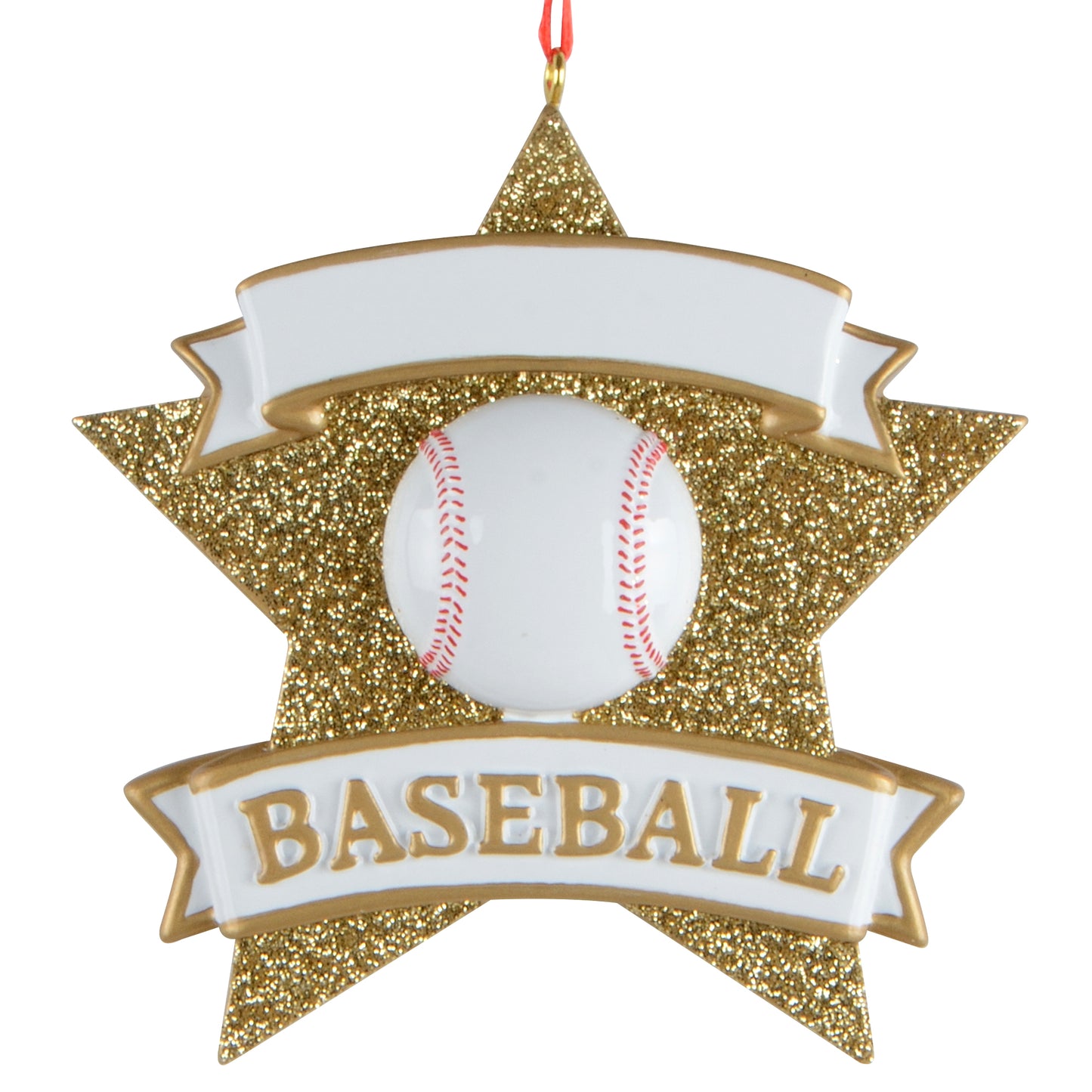 Baseball Star holiday ornament with glittery gold star background and white baseball centerpiece