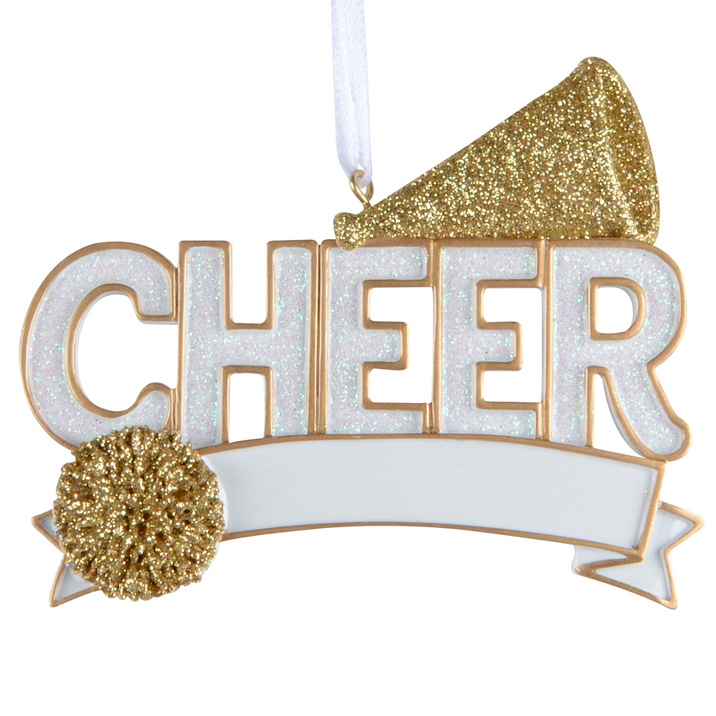 Gold and white Christmas ornament with word CHEER, glittering megaphone, and pom-pom decoration