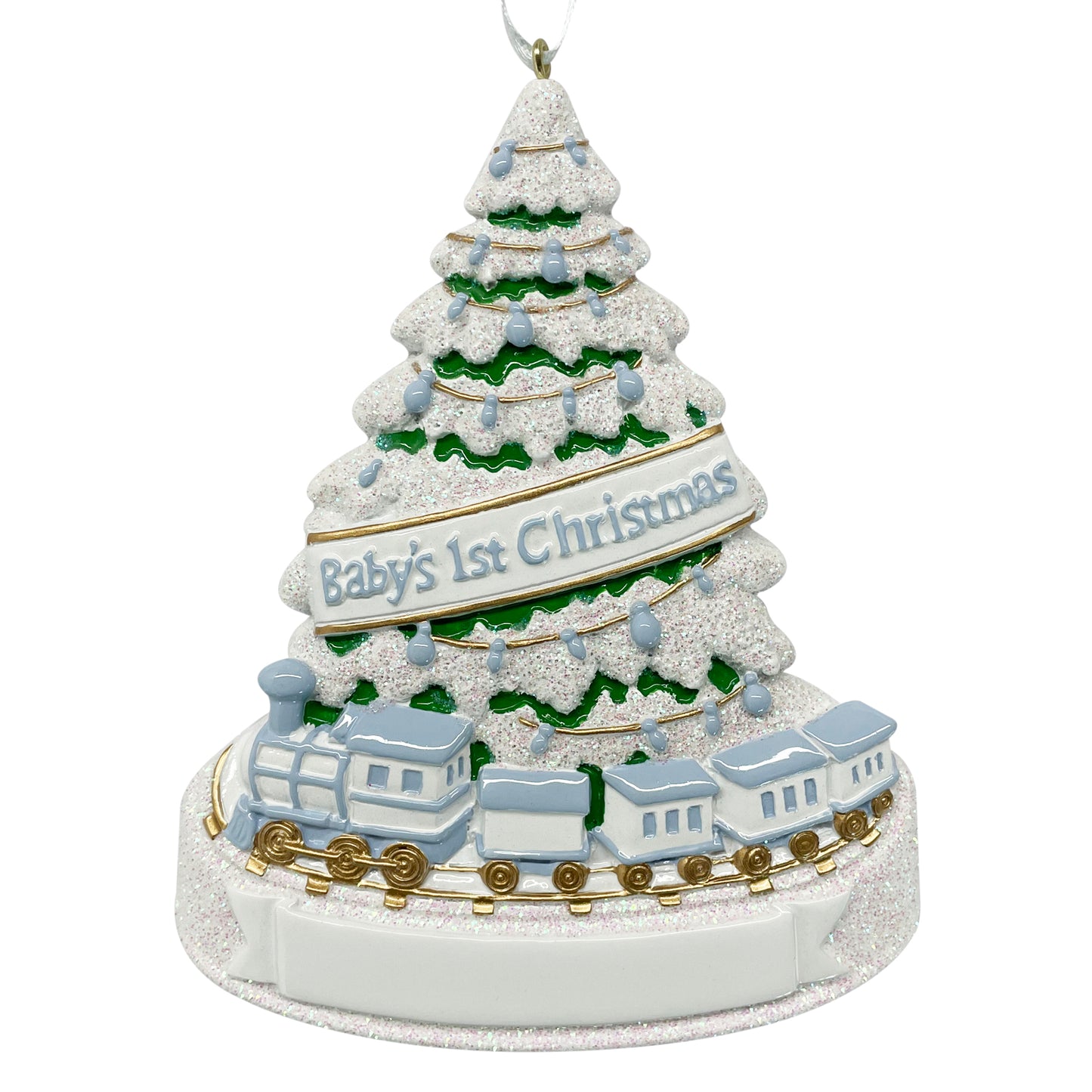 Handpainted Baby's First Christmas ornament featuring a blue and white train circling a snowy evergreen tree decorated with blue lights