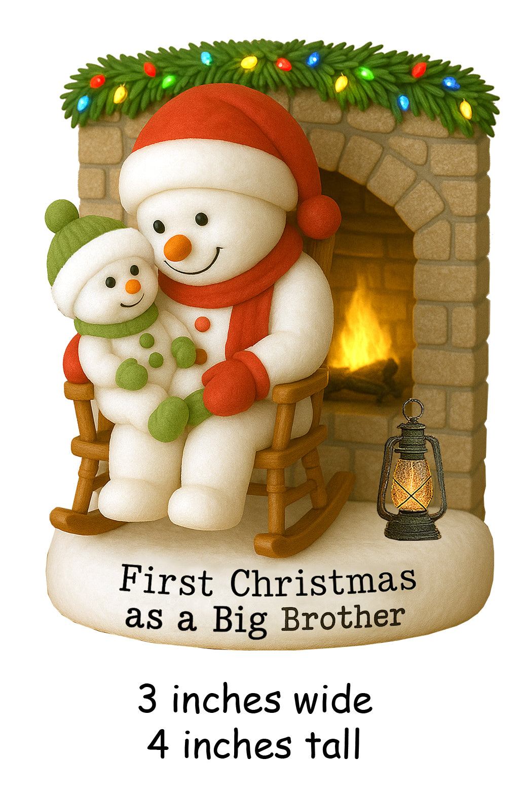 Illustrated ornament image showing snowman siblings, fireplace, and colored lights with size dimensions 3 x 4 inches