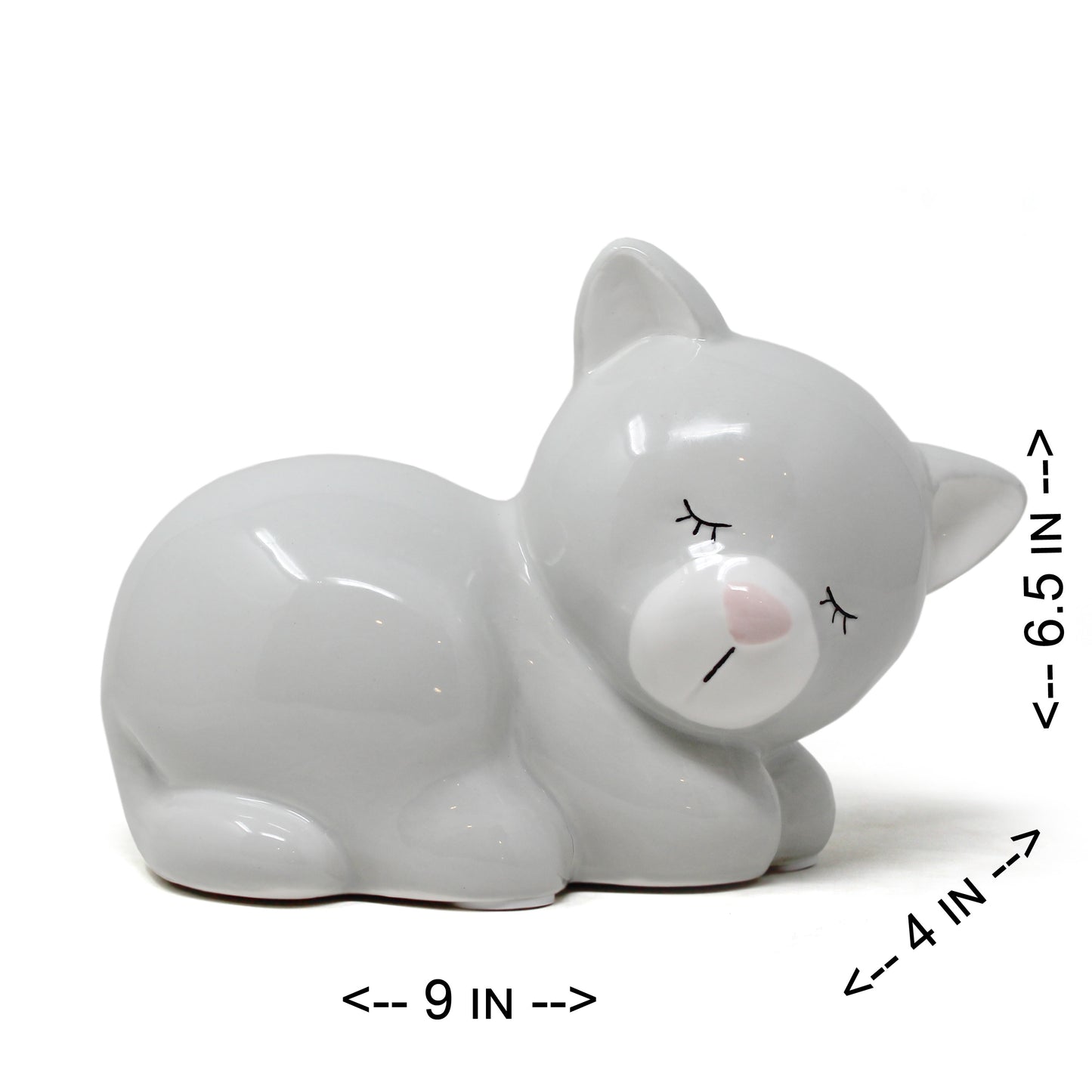 Kit Kat cat piggy bank showing dimensions 9 inches long, 6.5 inches tall, and 4 inches wide