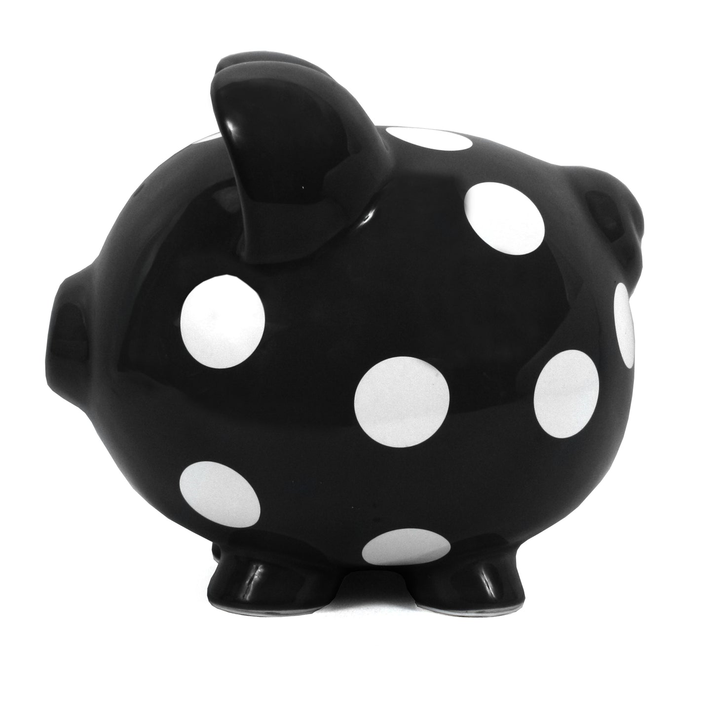 Side view of black ceramic piggy bank with white polka dots
