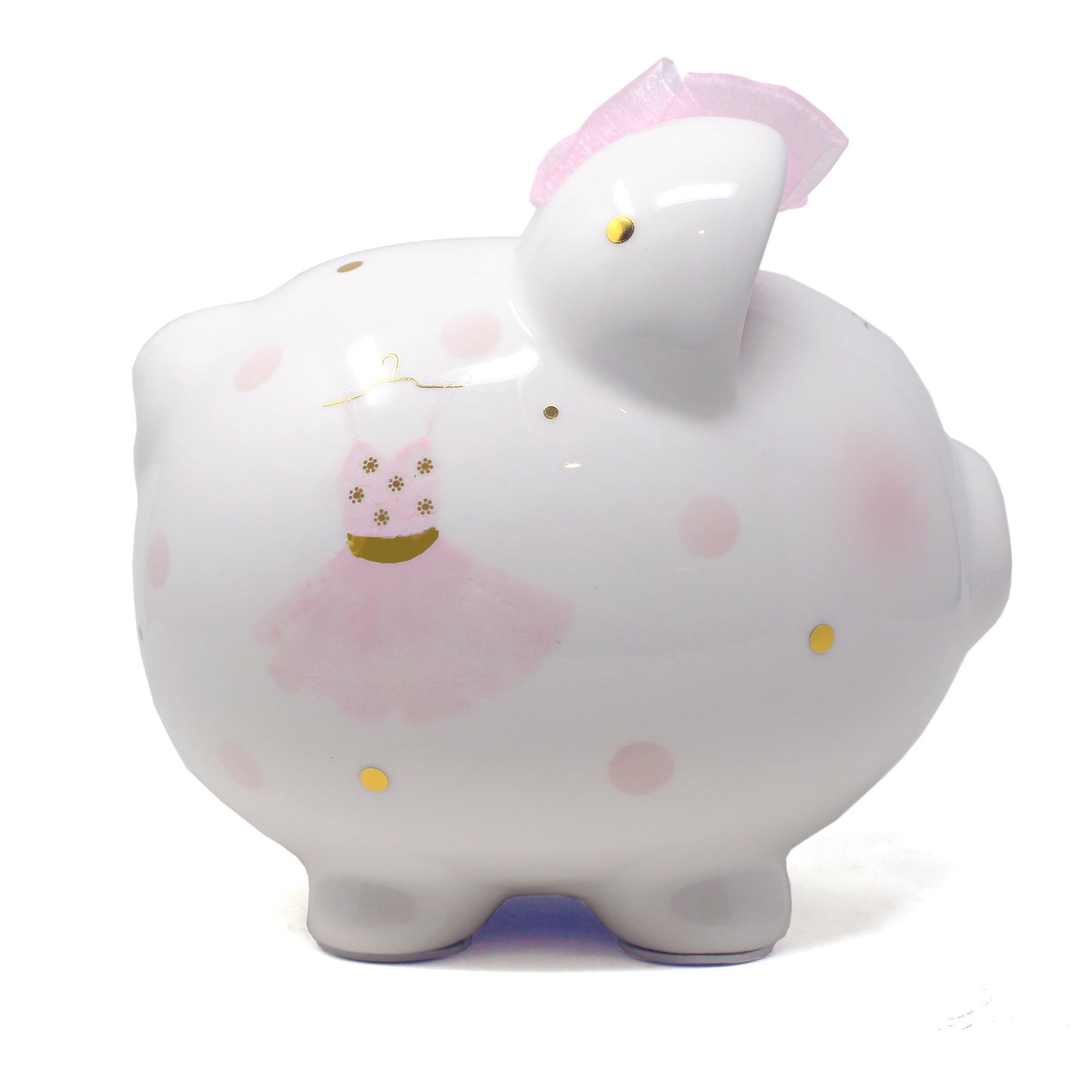 Front angle of white ceramic piggy bank featuring pink organza ribbon on ear and gold accented ballerina print