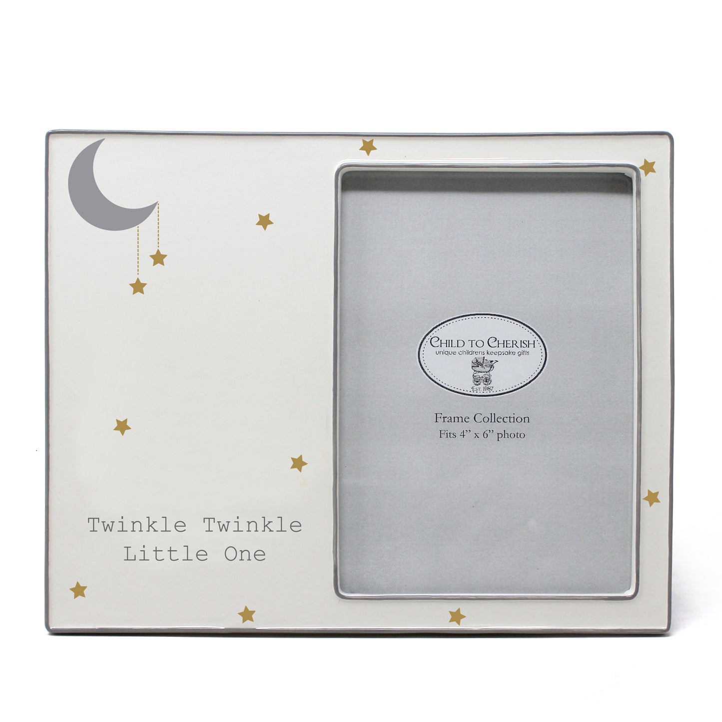 White ceramic picture frame with silver crescent moon, gold stars, and text 'Twinkle Twinkle Little One'