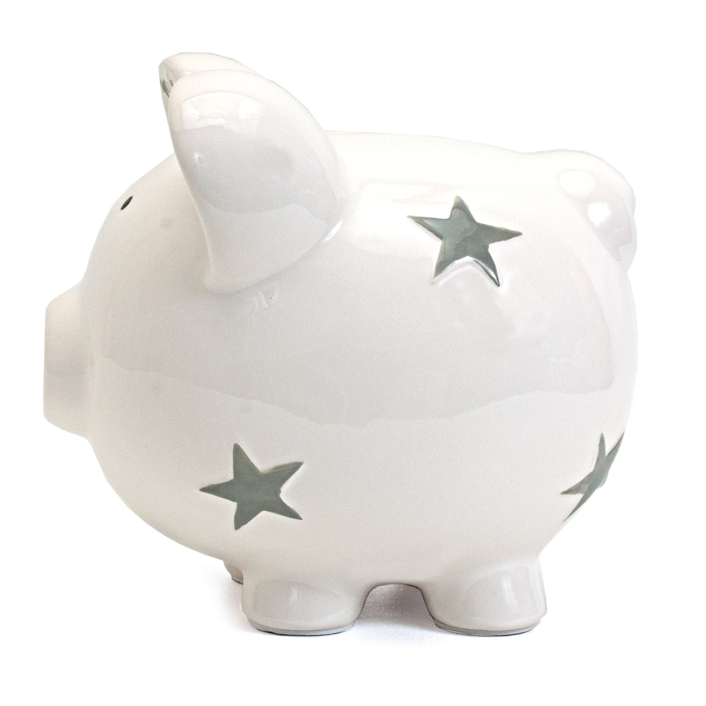 Angled back-side view of white piggy bank highlighting star decorations on body