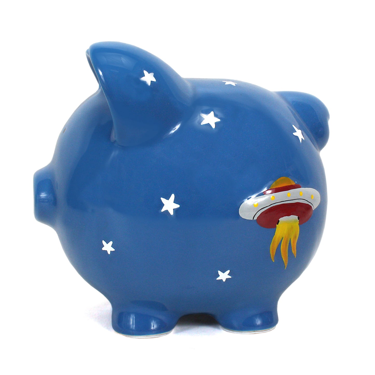 Left side view of blue piggy bank with handpainted rocket and stars