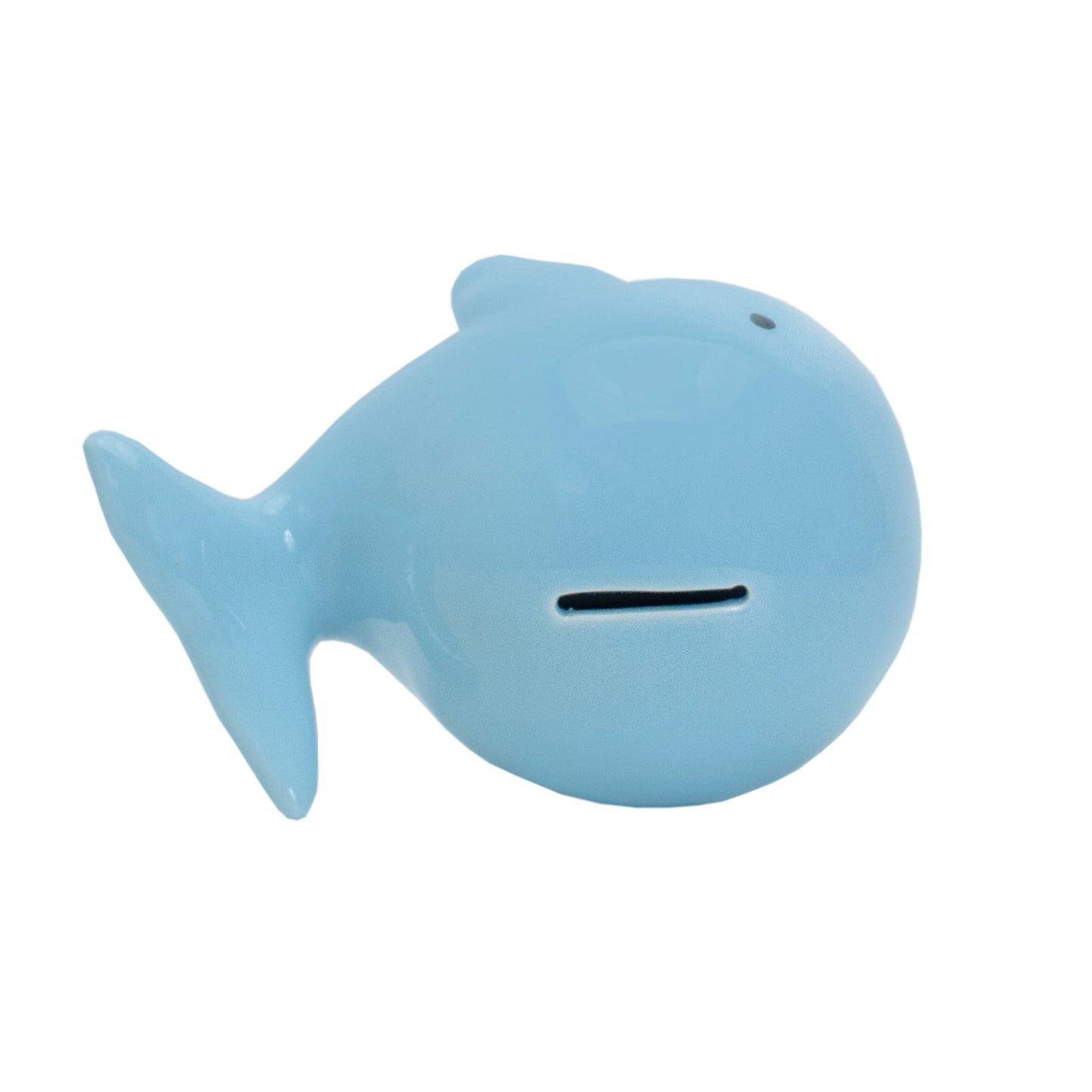 Bottom view of blue whale piggy bank showing coin access slot