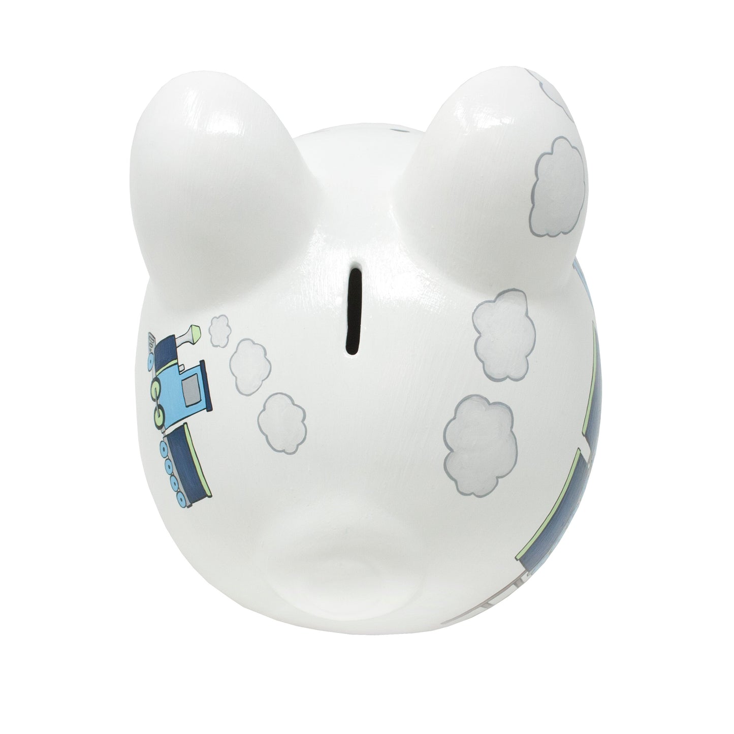 Top view showing coin slot placement and handpainted cloud details on ears and head