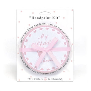 Pink carded handprint kit with decorative tin, pink ribbon, and instructions