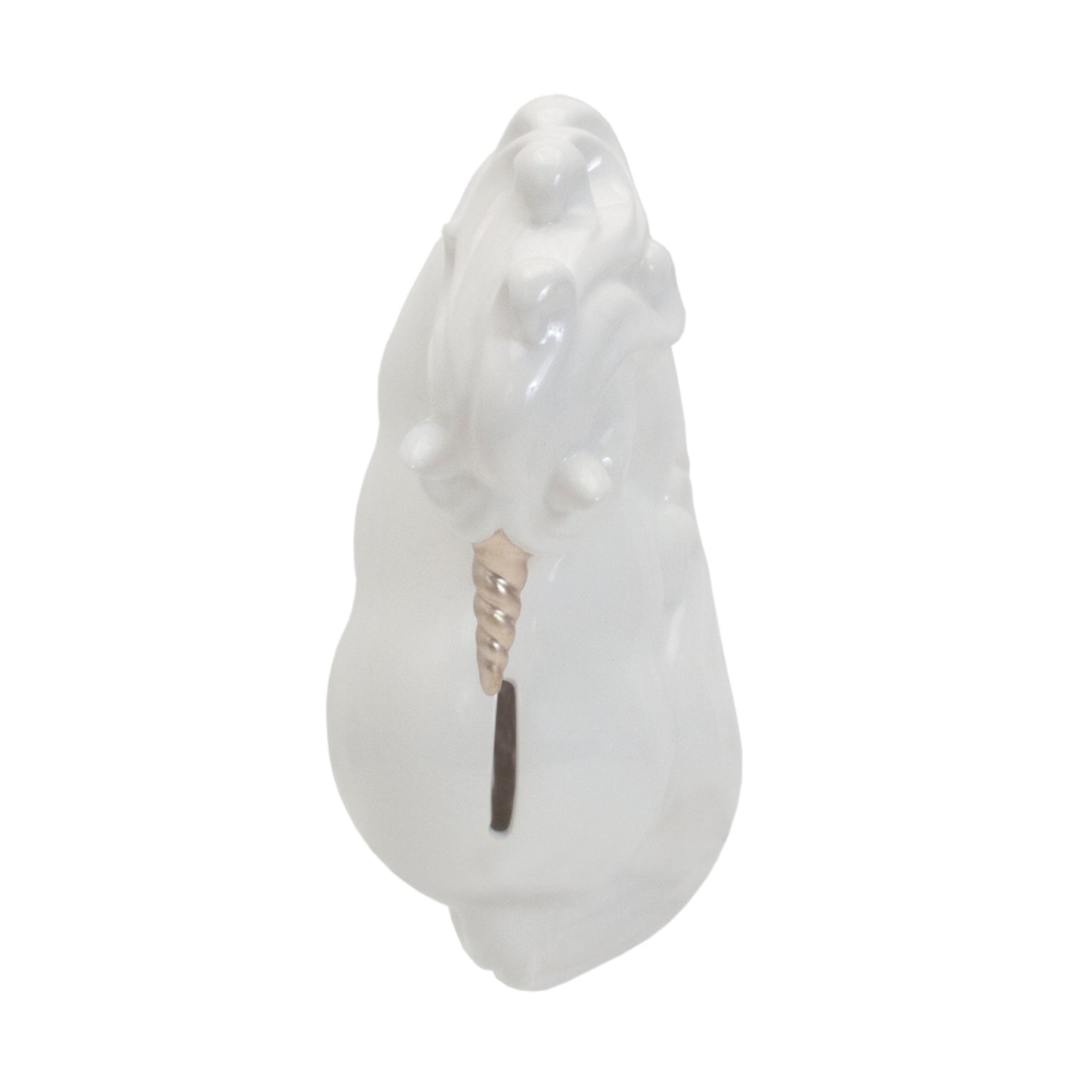 Close-up detail of unicorn’s golden horn and curled mane on ceramic bank