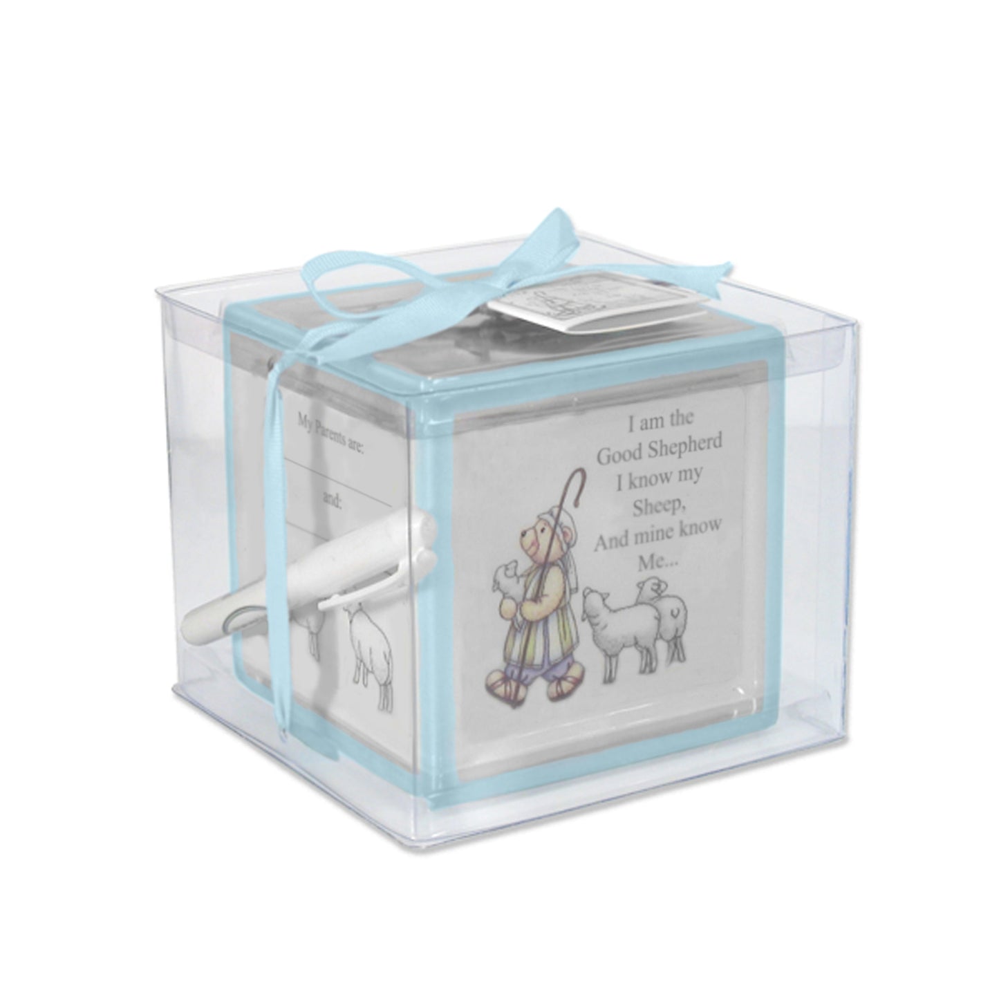 Ceramic christening block money bank with blue borders, bear shepherd illustration, and personalization pen in clear box