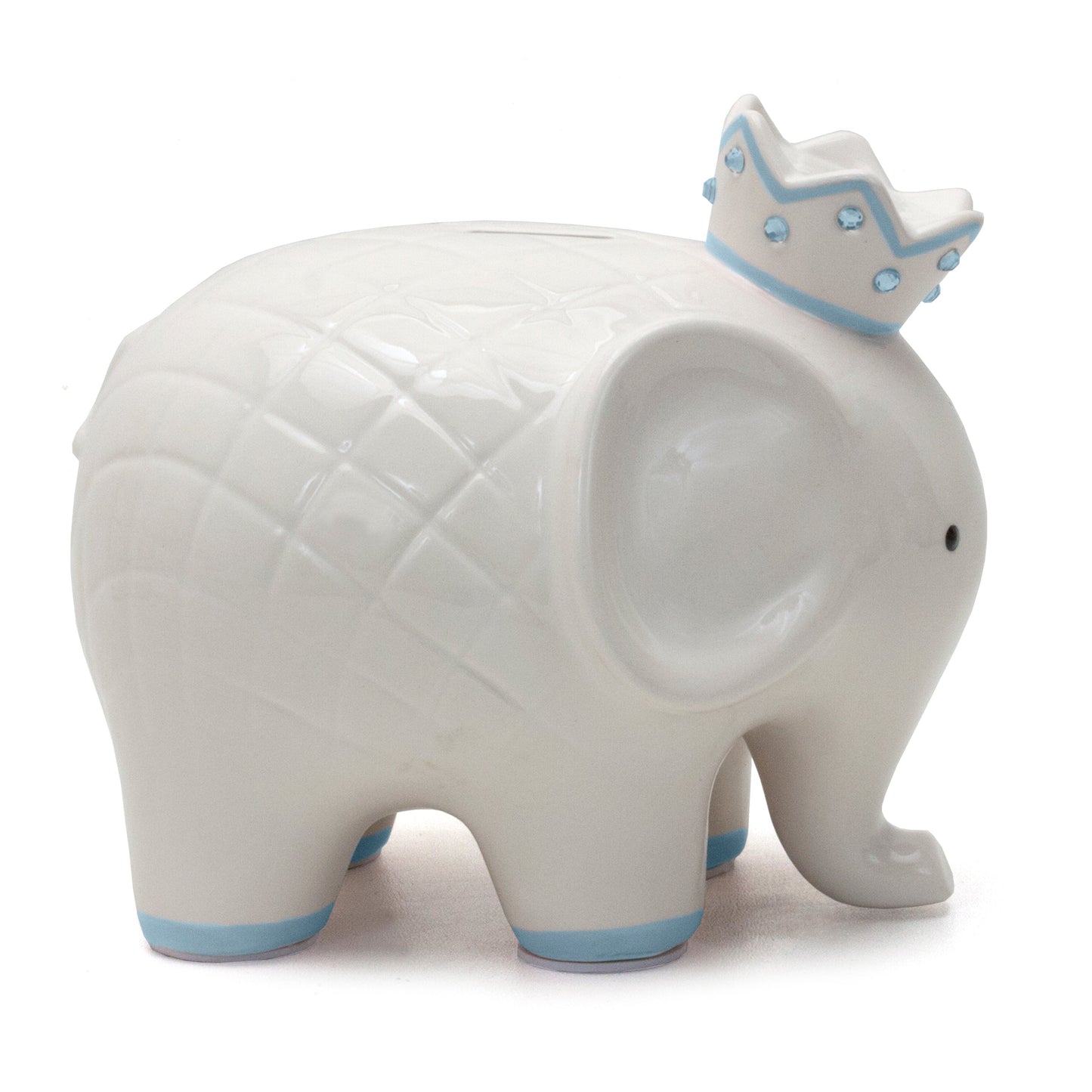 Opposite side view of ceramic elephant piggy bank with blue crown, textured diamond pattern, and blue foot accents