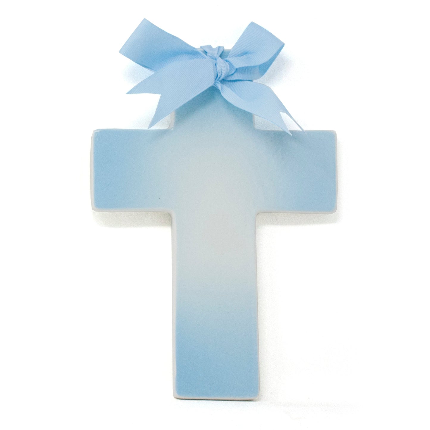 Blue Ombre gradient handpainted ceramic cross with blue ribbon bow