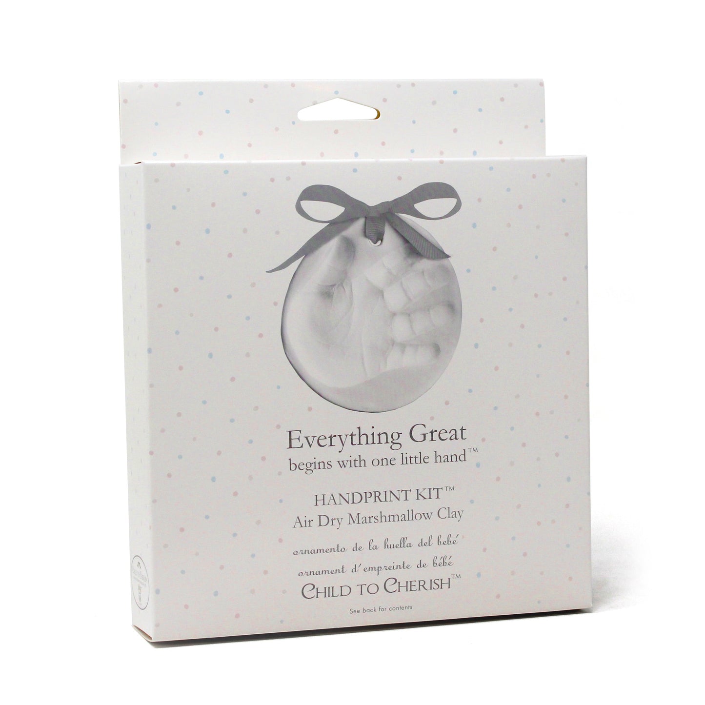 Angled side view of Everything Great Air Dry Marshmallow Clay Handprint Kit packaging with pastel polka dots