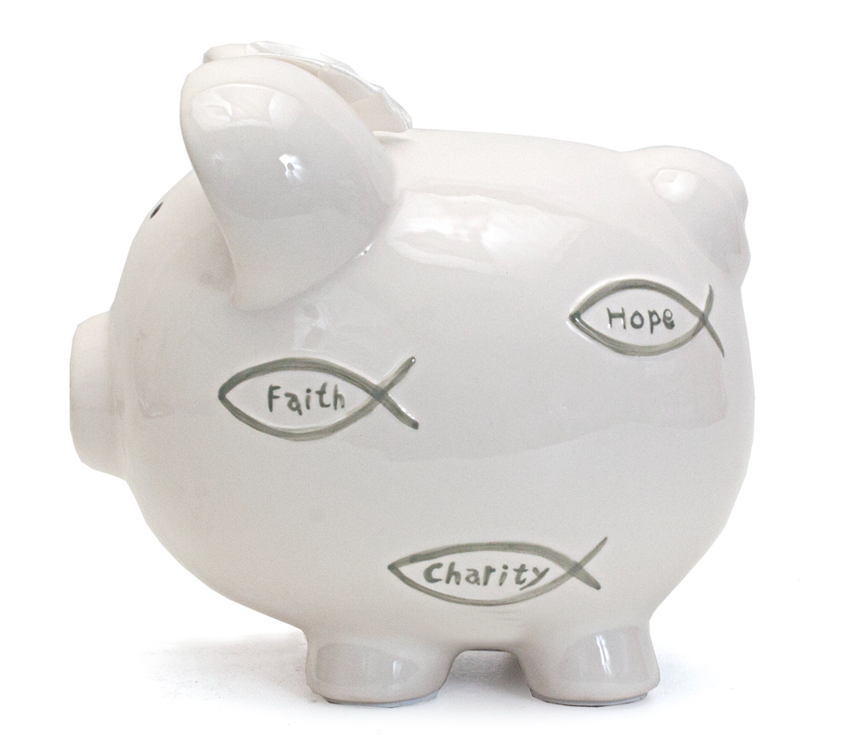 Back view of gray and white piggy bank showing handpainted fish symbols labeled Faith, Hope, and Charity