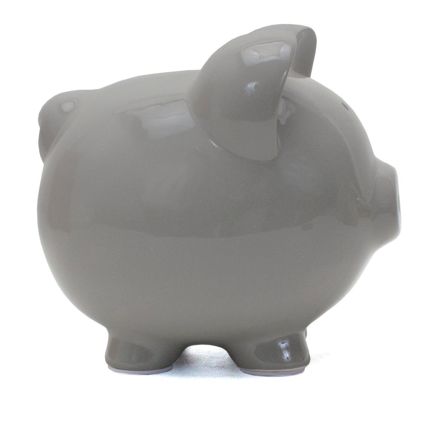 Side view of gray ceramic piggy bank highlighting rounded ears and legs
