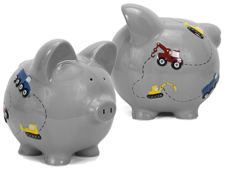 Front and back views of the gray handpainted construction-themed piggy bank
