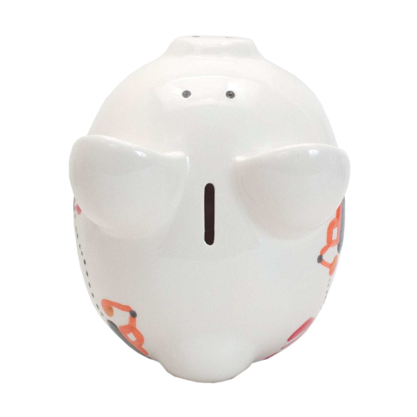 Top angled view of white piggy bank decorated with detailed construction truck paintings