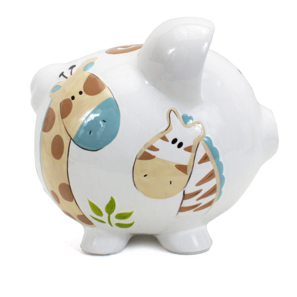 Close up angle of Jungle Jack piggy bank showing animal faces and detail