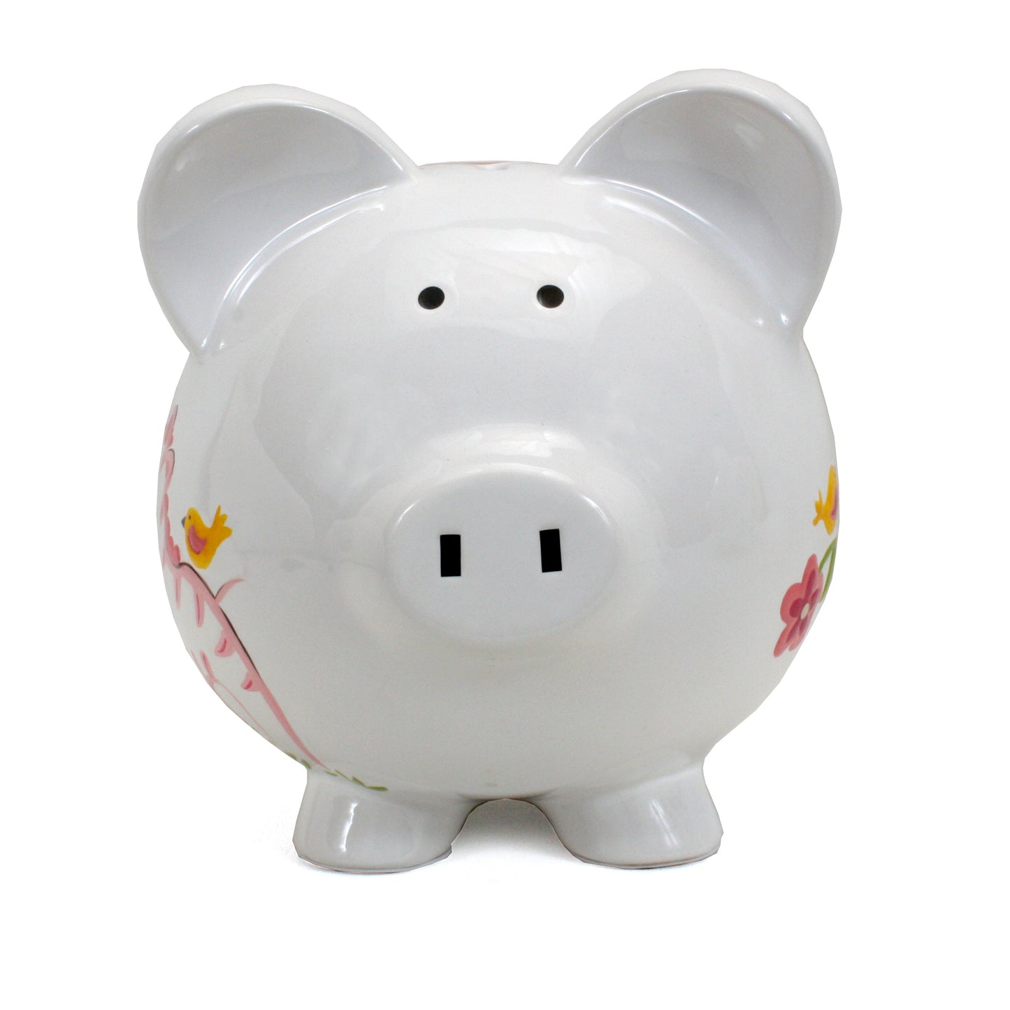 Front view of Jungle Jill piggy bank highlighting coin slot on white ceramic pig design