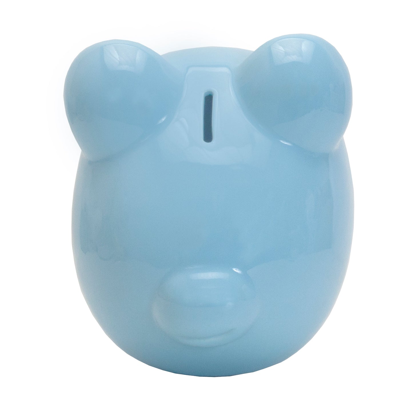 Top view of shiny light blue ceramic piggy bank showing coin slot between ears
