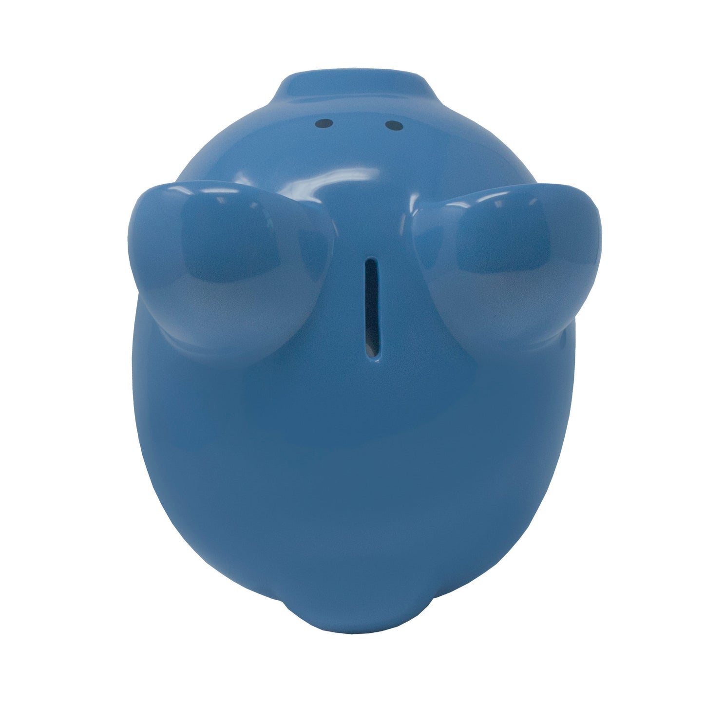 Large dark blue ceramic piggy bank top view showing coin slot and ears