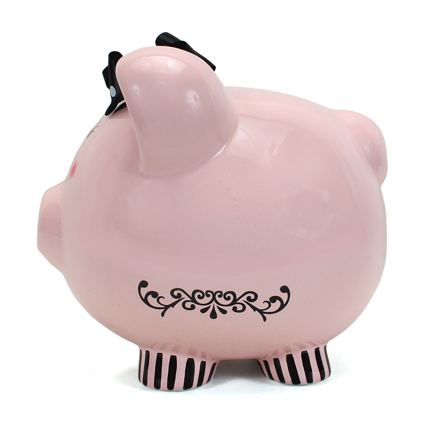 Left-side view displaying intricate black swirl detail on pink ceramic surface