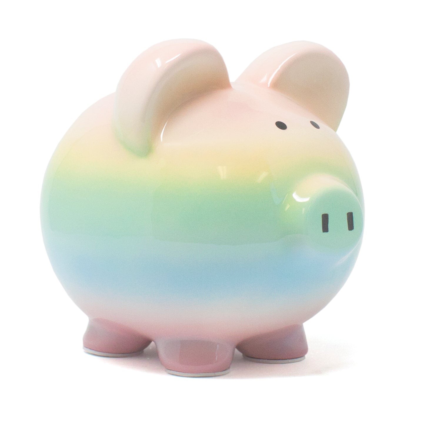 13-inch ceramic piggy bank with handpainted pastel rainbow ombre design