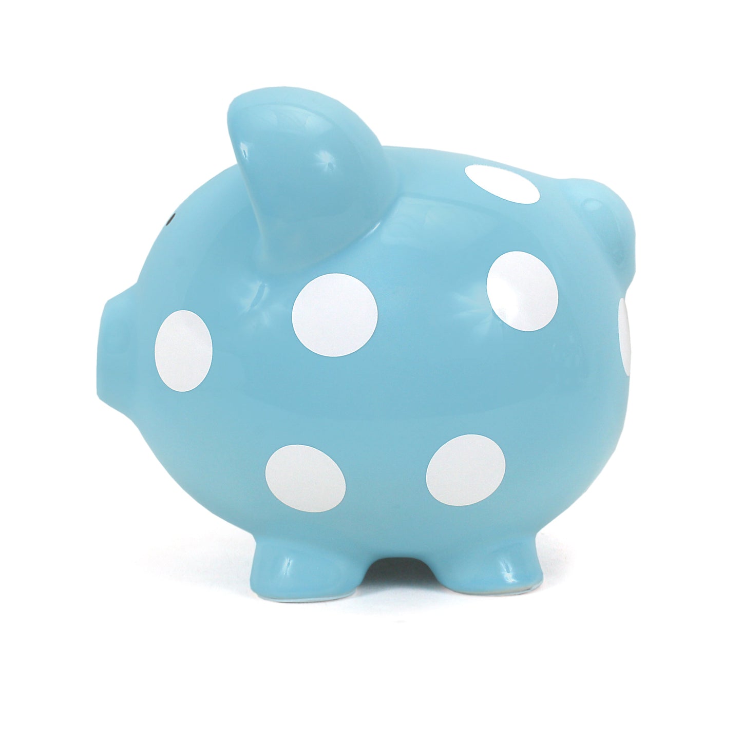 Opposite side view of blue with white polka dot piggy bank
