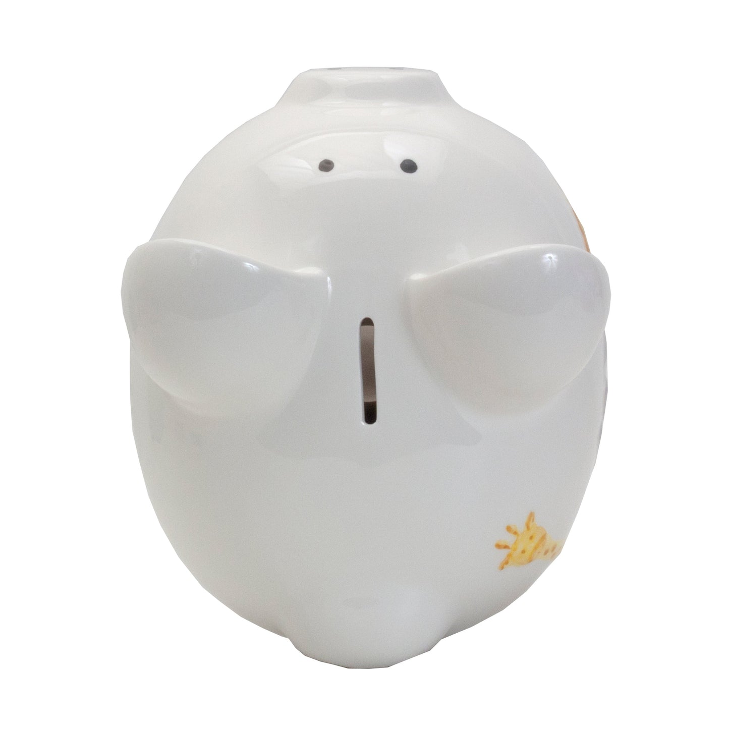 Top view of piggy bank featuring coin slot and raised ears painted with multicolor dots