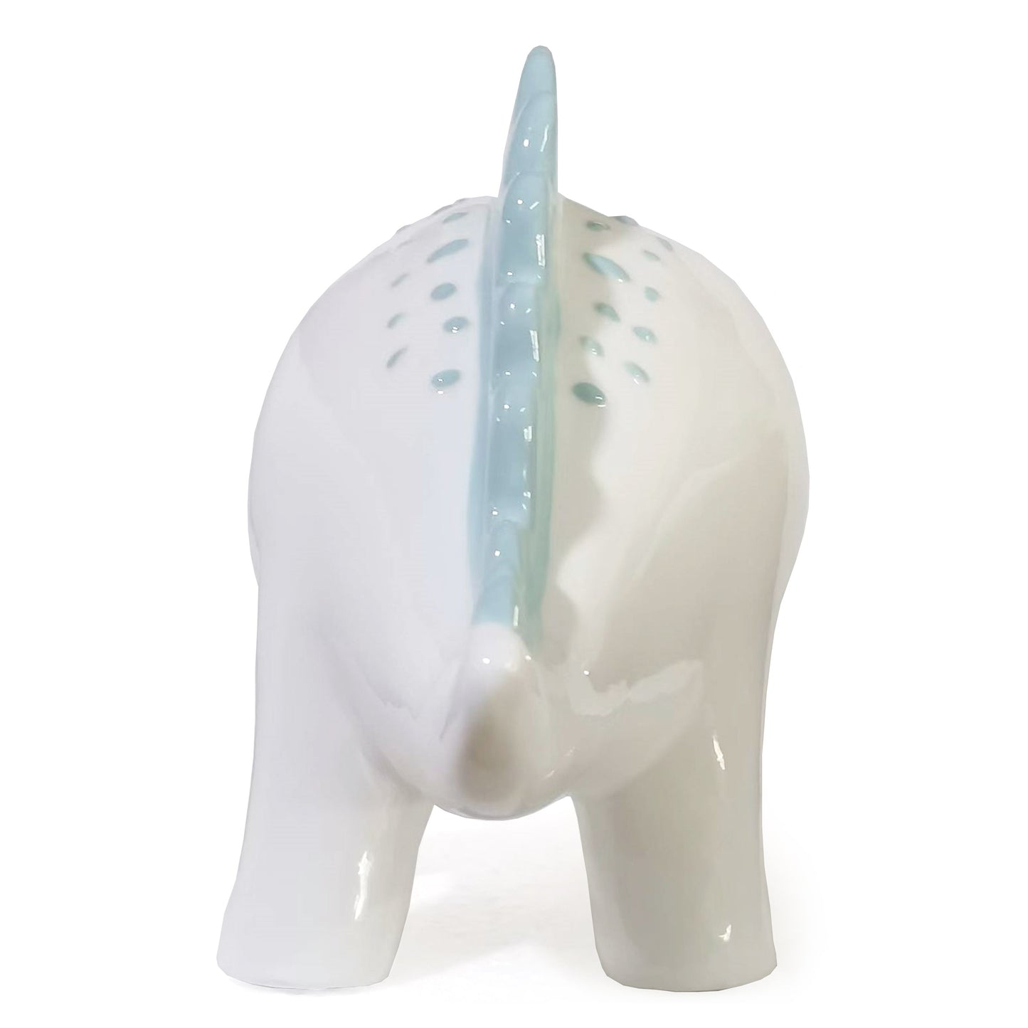 Rear view showing coin slot and tail on the blue dinosaur ceramic piggy bank