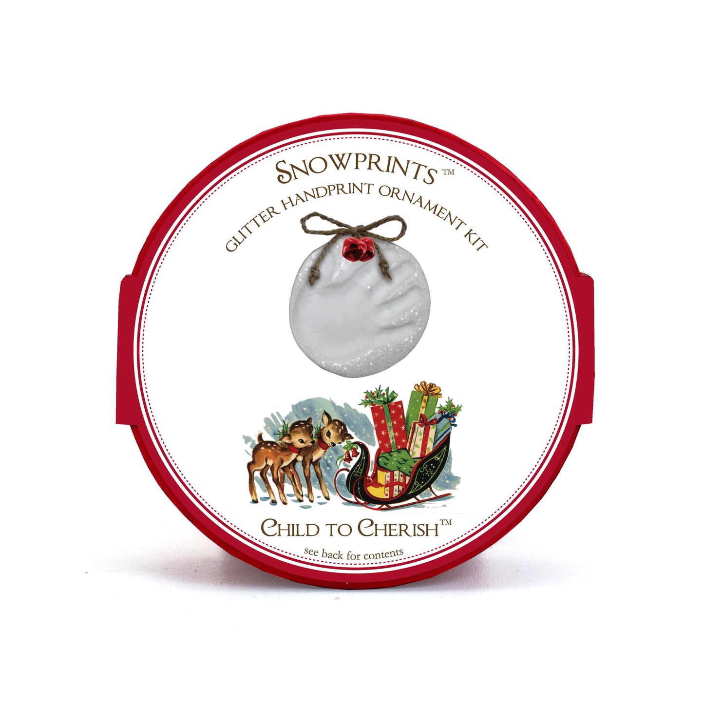 Snowprint glitter handprint ornament kit package with vintage design featuring a white handprint ornament accented with red bells