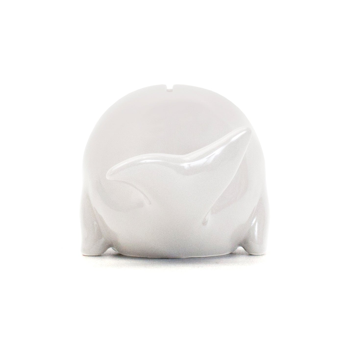 rear view of white ceramic whale piggy bank with tail up and fins