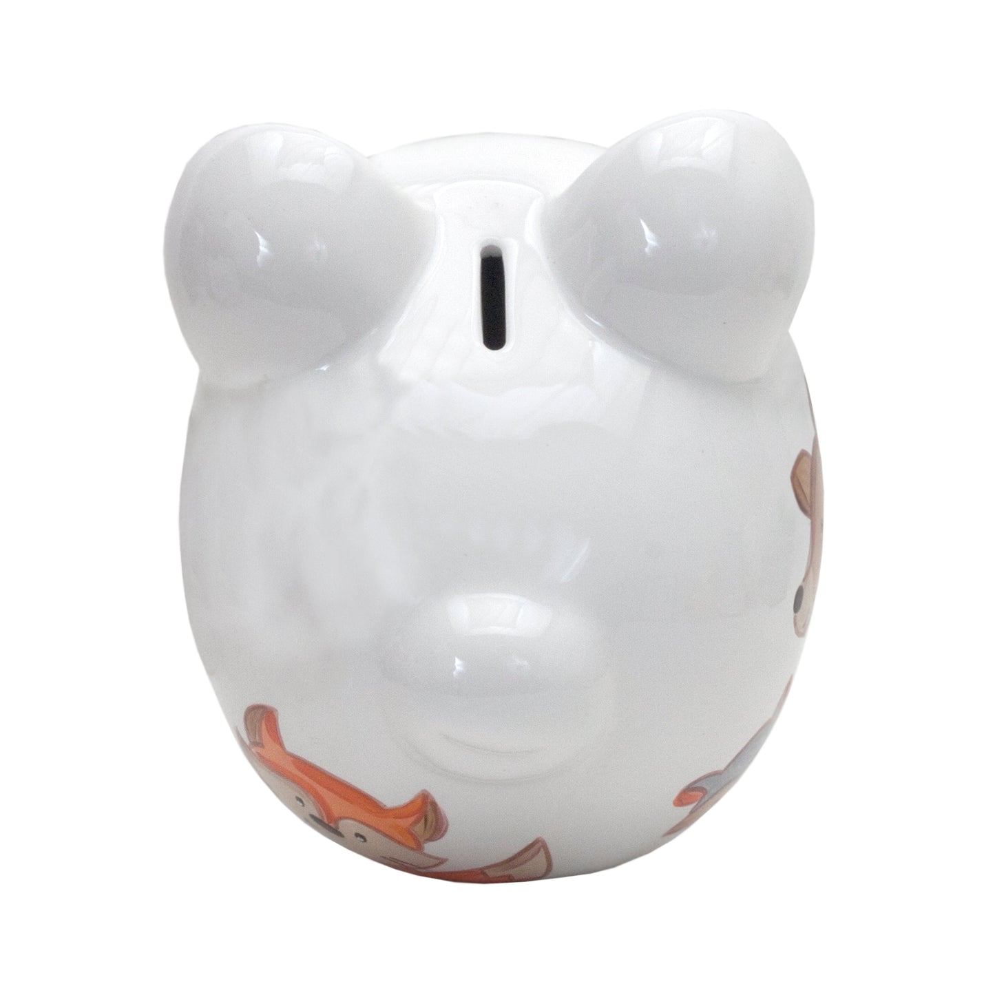 Back left side view of piggy bank with glossy white ceramic surface and animal illustrations