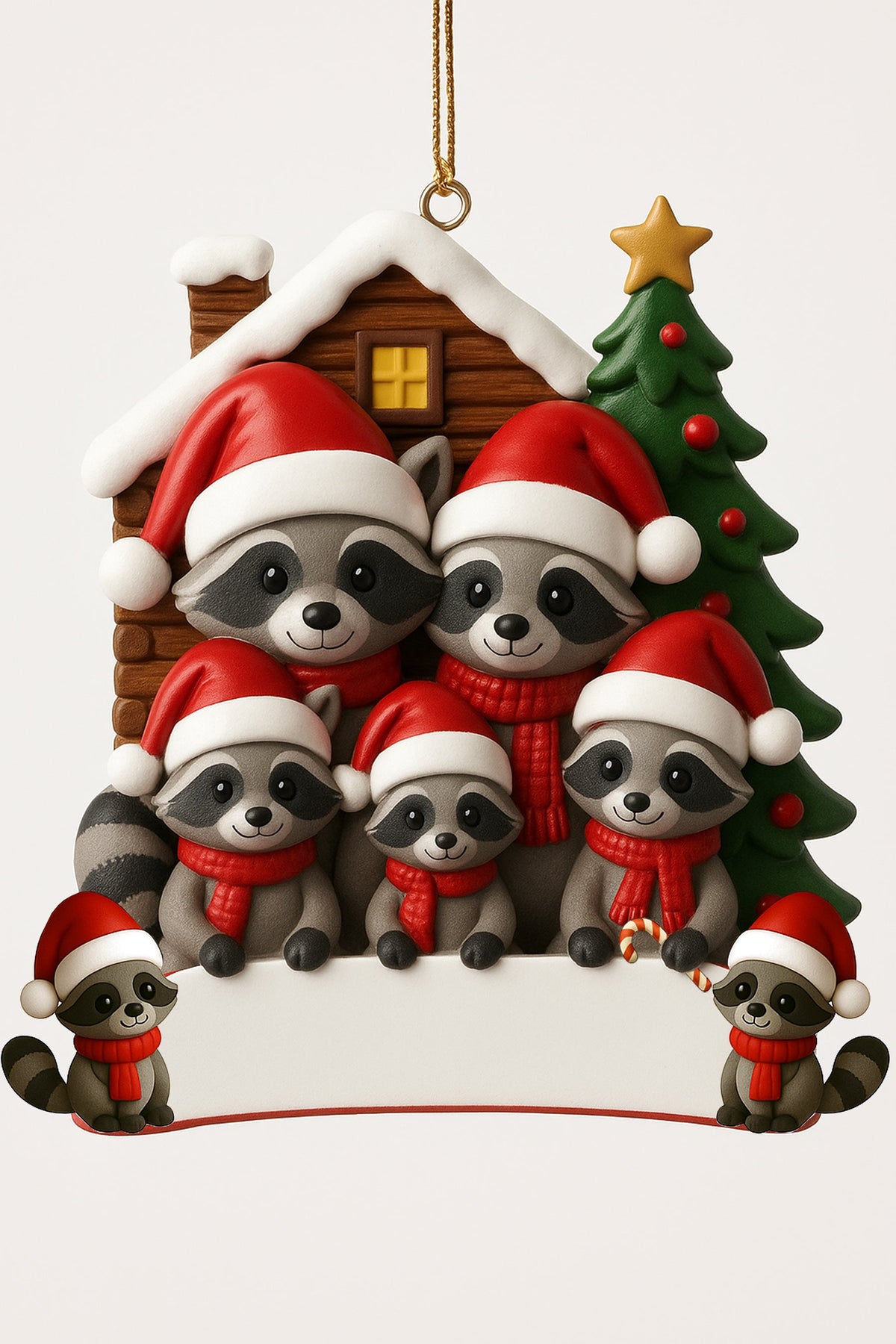 Resin Christmas ornament of a family of five raccoons wearing Santa hats and scarves in front of a snowy cabin and decorated Christmas tree.