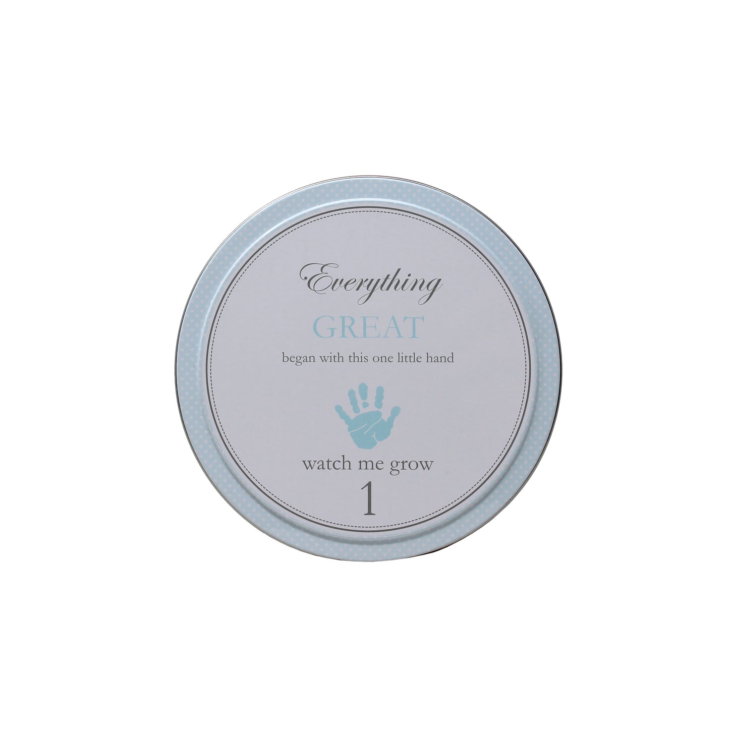 Top view of blue tin numbered 1 with handprint graphic and 'watch me grow' text