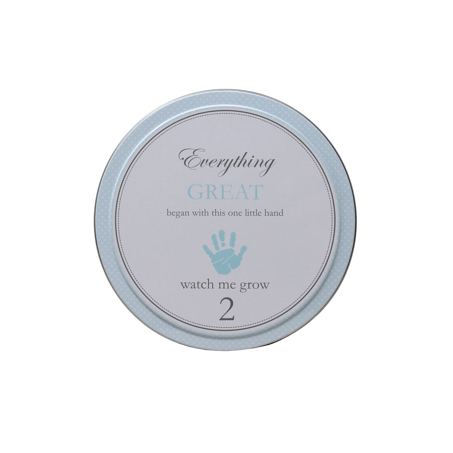 Top view of blue tin numbered 2 with handprint and 'watch me grow'