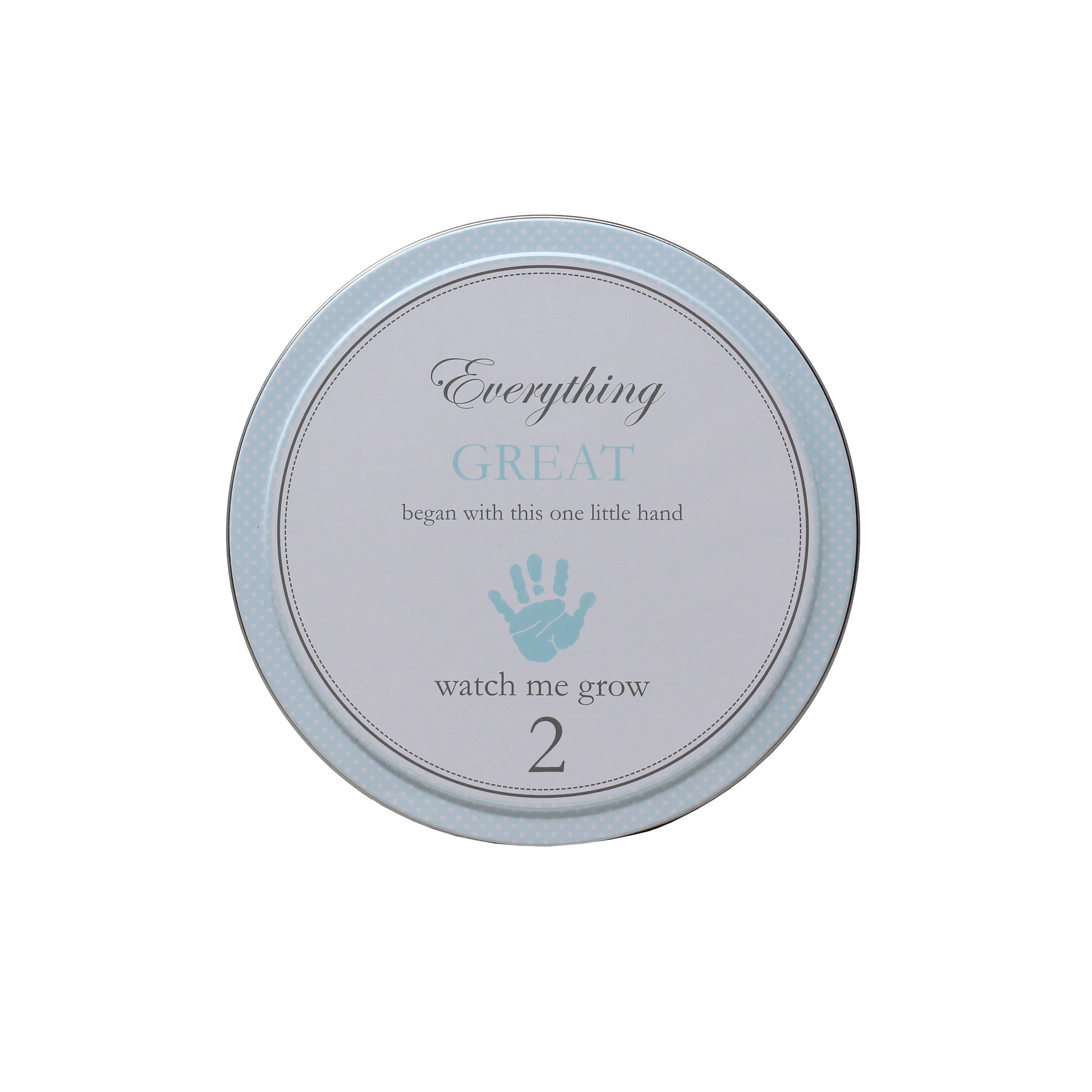 Top view of blue tin numbered 2 with handprint and 'watch me grow'